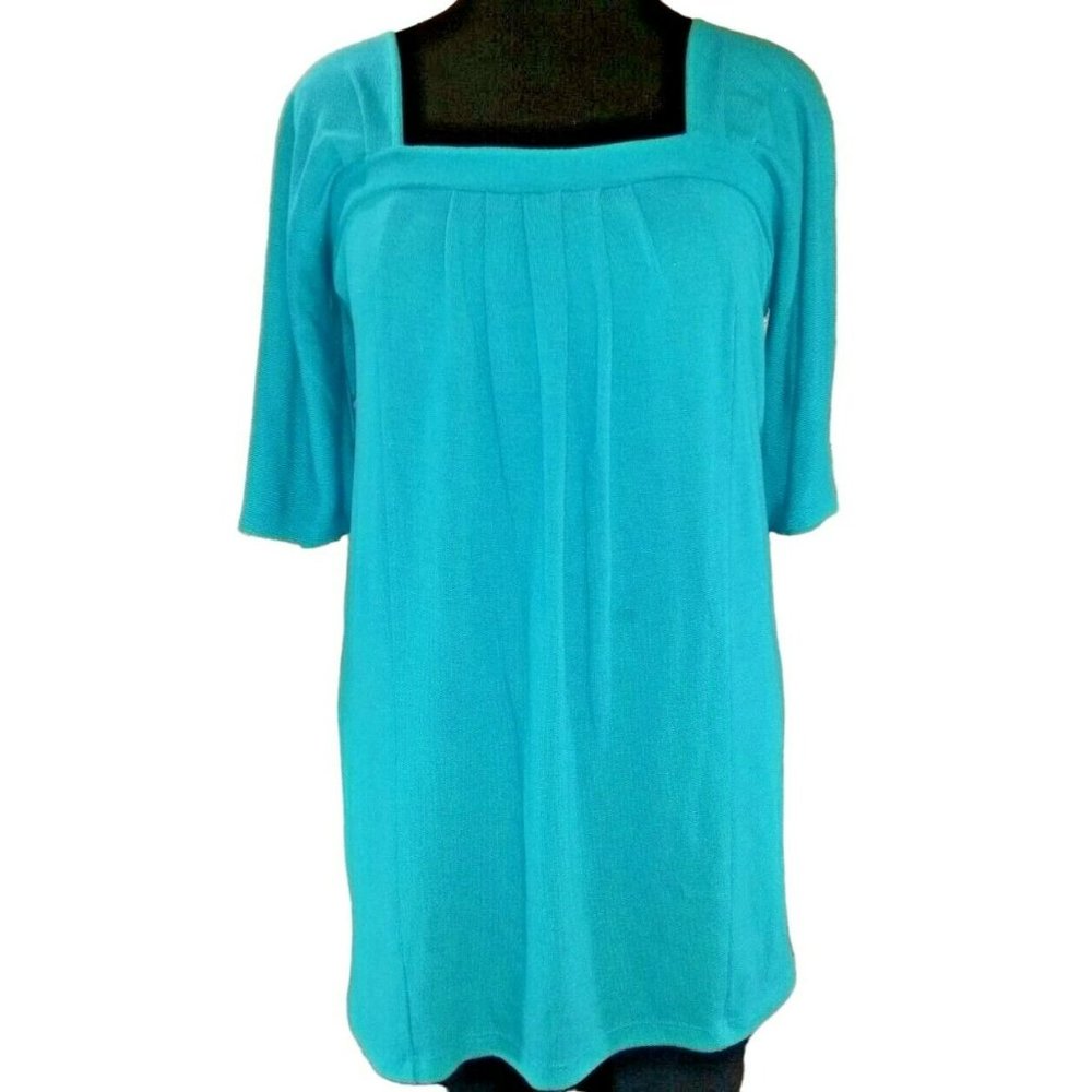 Twenty OneTeal Blue tunic Dress Large square neck bell sleeve rayon knit casual